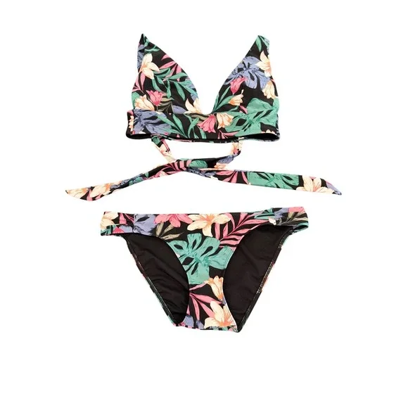 Hollister Swim Womens Medium Black Tropical Floral Wrap Triangle Bikini Set M - Picture 11 of 11